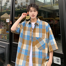 短袖衬衫男夏季新款磨毛格子衬衣DX003-特批26无差价，男装衬衫，星座214-3