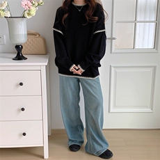 撞色圆领套头针织白色毛衣女宽松韩版秋冬设计感小众上衣，男装针织衫/毛衣，星座506A