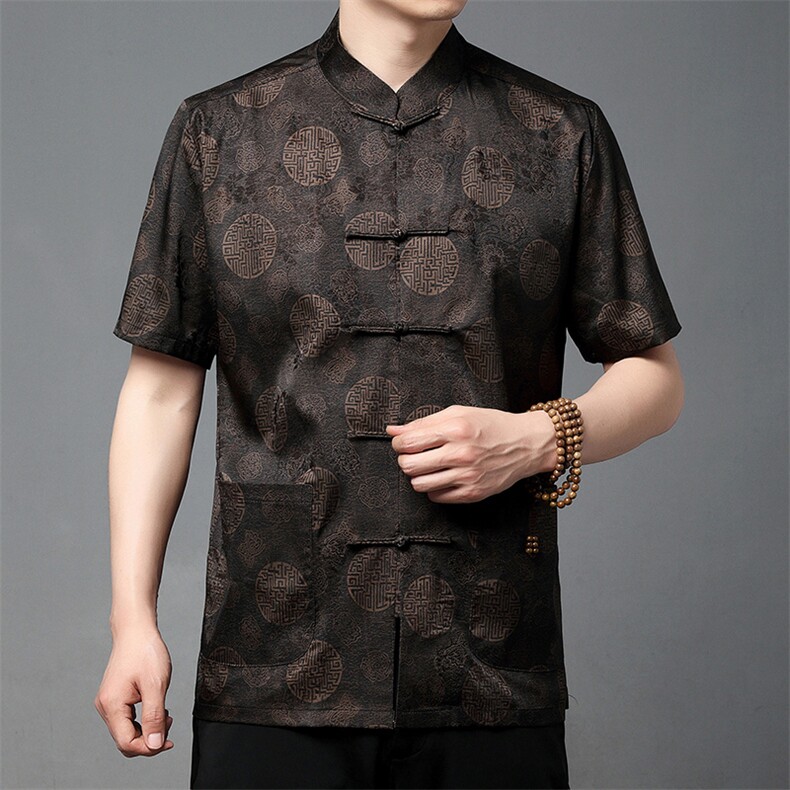 香云纱唐装男中老年夏季短袖衬衫真丝风夏装爸爸装上衣，男装T恤，钱塘723