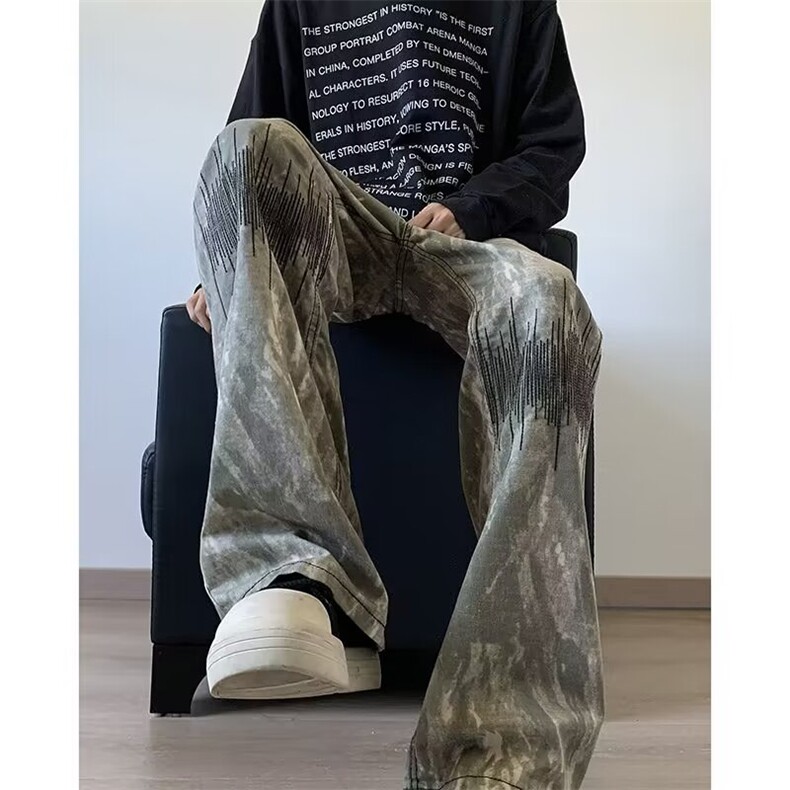 迷彩牛仔裤子男春秋季2024新款痞帅vibe高街直筒设计感微喇休闲裤图片
