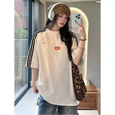 抖音得物品质二开240克宽松纯棉美式潮牌印花三条杠中性风短袖T恤，男装T恤，电商A486-1