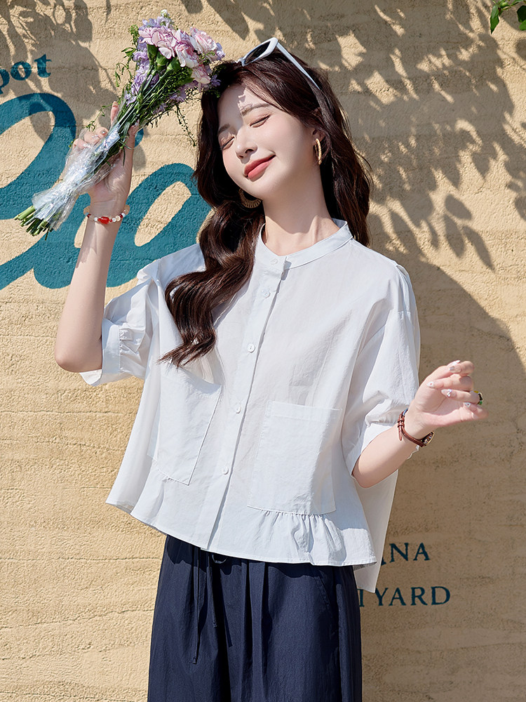 时尚休闲气质套装女2025夏宽松显瘦通勤白色短袖衬衫阔腿裤两件套,女装衬衫,梦懿尔