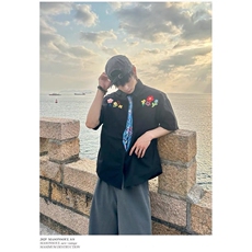 学院风花朵领带短袖衬衫黑色白色原版高质量，男装T恤，星座218-1（原230）