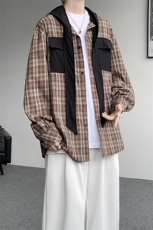 春夏新品原创小众设计感连帽系带长袖衬衫男士拼接格纹长袖衬衣潮，男装衬衫，电商B319