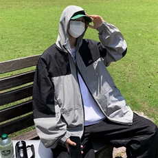 拼色连帽防晒服男夏装加大码潮胖人宽松遮阳外套皮肤衣W4927-P41，男装防晒衣，星座412-2