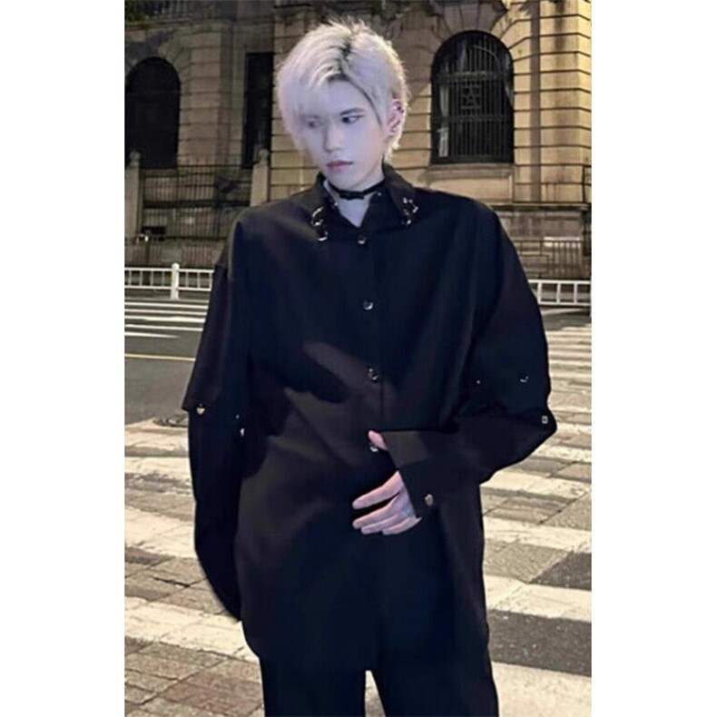 春秋装新款长袖衬衫男宽松设计感时尚金属拼接个性衬衣外套C27,男装衬衫,星座1116A（原606A-3）