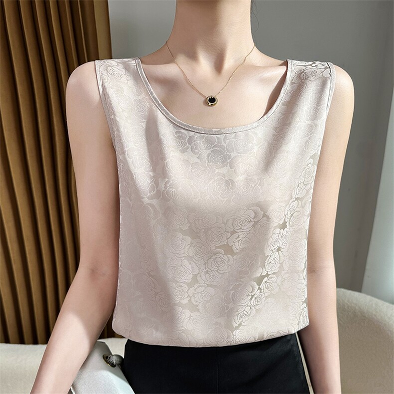 真丝吊带背心女西装内搭夏季桑蚕丝印花圆领缎面无袖外穿大码上衣，女装背心吊带，朝贺羊绒