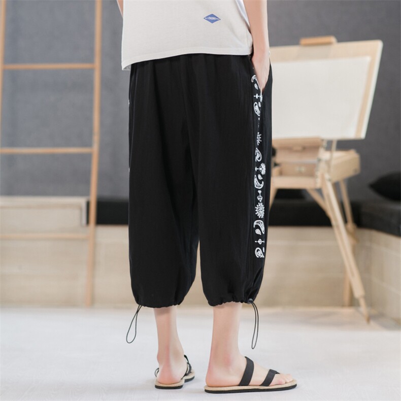 K26P50酒店风棉麻加大码夏装风抽绳束脚七分裤哈伦裤潮,男装休闲裤,电商A026
