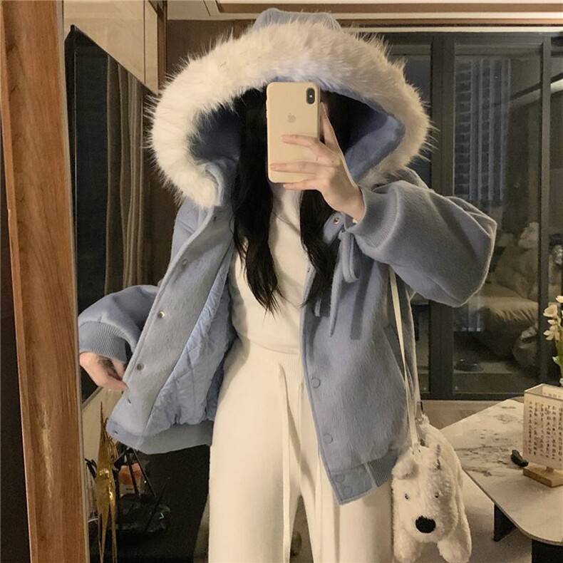 韩系蓝色毛领蝴蝶结连帽卫衣女秋冬加绒加厚保暖宽松纽扣开衫外套,男装棉衣,星座506A
