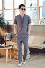 DY21*夏季男士棉麻古风短袖T恤中老年套装唐装两件套黑色*P55，男装T恤，星座1516（原B303）