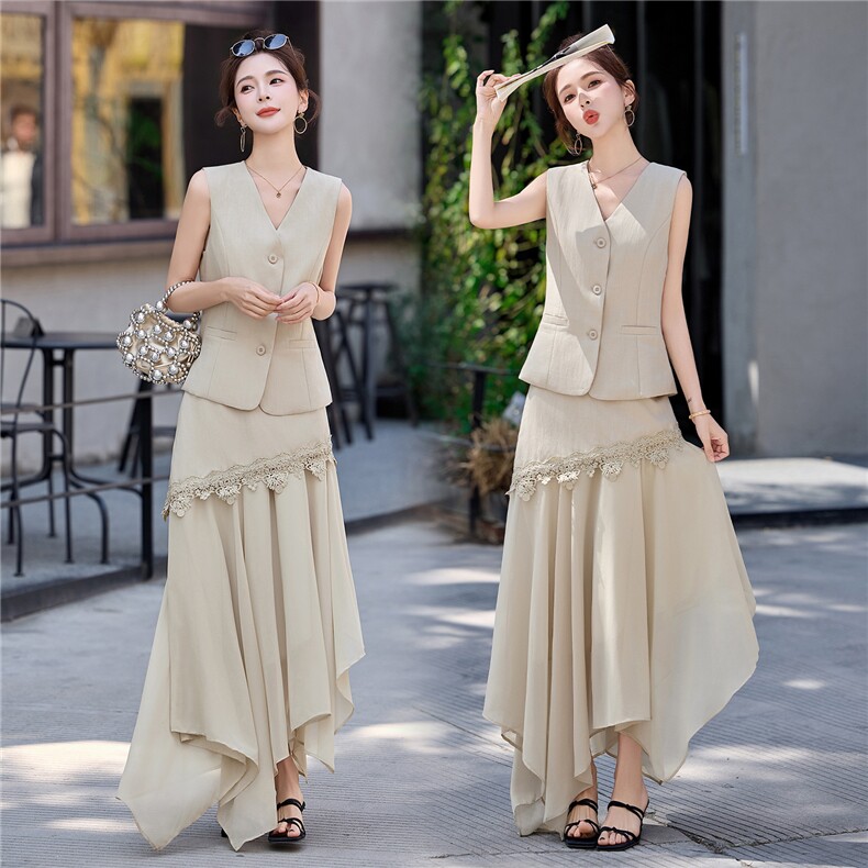 老钱风V领马甲+蕾丝拼接半身裙两件套，女装套装/套裙，采品优优
