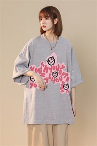 中性 夏季潮时尚宽松粉色印花情侣百搭短袖T恤 T1027 P25控38图片