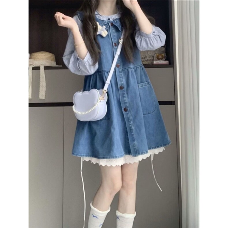 两件/套装学院风甜美可爱娃娃领牛仔背心连衣裙子女学生+格纹衬衫,男装背心/马甲,星座506A