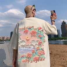wassuphappy油画花卉短袖t恤男夏季2025新款高街宽松大码五分袖，男装T恤，星座617B