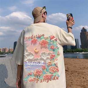 wassup happy油画花卉短袖t恤男夏季2025新款高街宽松大码五分袖图片