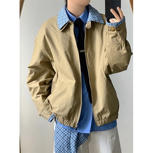 春秋季美式撞色格子拼接假两件外套男女生夹克飞行服外套 JK902图片