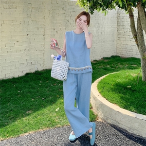 氛围感减龄蓝色休闲裤套装女夏2025新款两件套韩系穿搭爆款巨好看图片