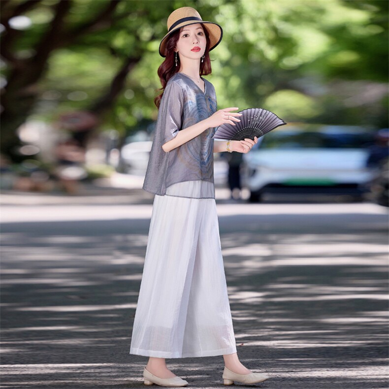 休闲印花棉麻套装女2025夏季新款宽松遮肉显瘦坠感阔腿裤两件套潮,女装套装/套裙,魅影