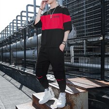 2023夏季男士新款运动休闲短袖体恤套装宽松T恤上衣男装F12P68，男装休闲套装，电商A086