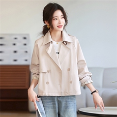 爆【现货】卡其色小个子短款风衣外套女宽松休闲上衣双排扣外套女，女装风衣，鑫源服饰
