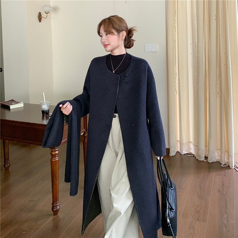 新款2B1142122P290-K355配围巾长款双面羊毛呢大衣外套,女装毛呢外套,2B114