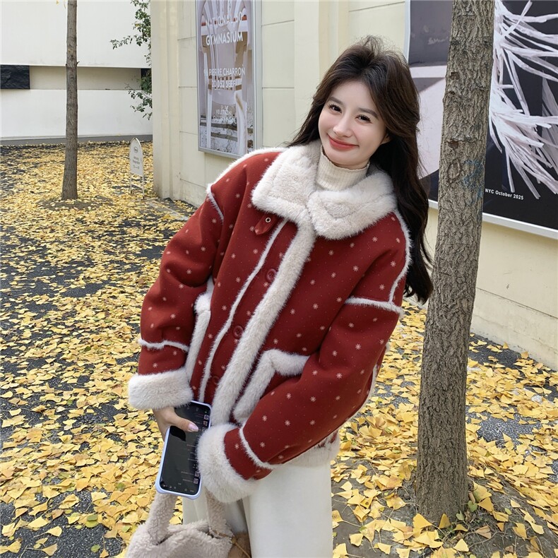 红色麂皮绒印花皮毛一体加厚棉服H8380P215K328,女装棉衣/棉服,红龙果