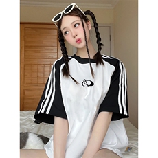夏季美式高街重磅纯棉三条杠织带插肩撞色男女短袖T恤CZ97-特P25，男装T恤，电商A486