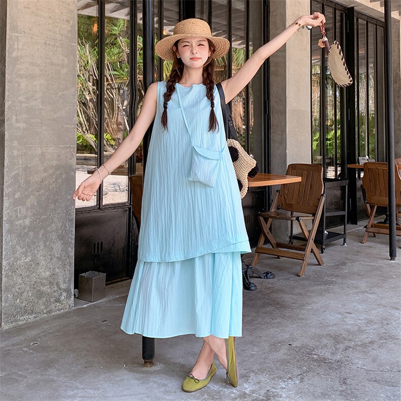 蓝色无袖假两件连衣裙女2025夏季新款韩系宽松休闲显瘦减龄背心裙,女装连衣裙,浙宝305