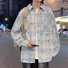 扎染格子衬衫男秋季新款长袖翻领宽松休闲工装衬衣日系百搭外套潮，男装衬衫，星座715-4