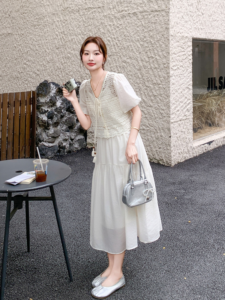 温柔风气质一整套穿搭女2026夏新款蕾丝钩花泡泡袖上衣吊带裙套装,女装套装/套裙,霓裳依族