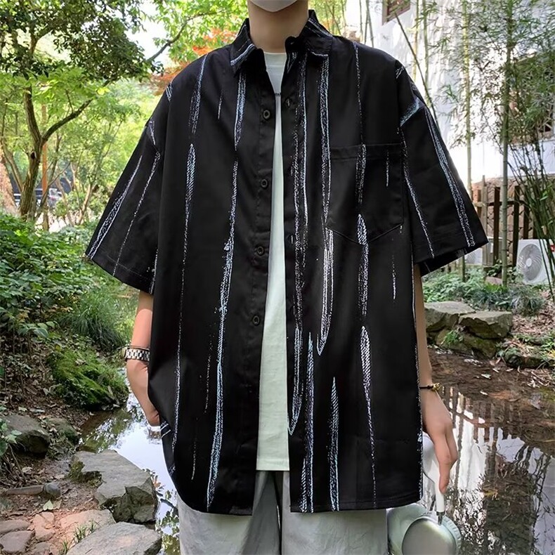 气质夏季潮流青春流行男衬衫文艺标准百搭条纹简约五分袖,男装衬衫,星座716-2