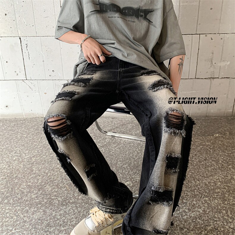 B221美式ins高街暗黑小众毛边破洞直筒牛仔裤LK23107-P65控88,男装牛仔裤,电商B221