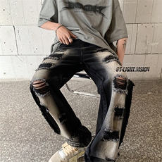 B221美式ins高街暗黑小众毛边破洞直筒牛仔裤LK23107-P65控88，男装牛仔裤，电商B221