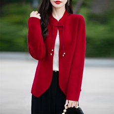 秋冬季羊毛休闲时尚新中式风新中式四平加厚琵琶扣开衫，女装羊毛衫，鲁菏羊绒