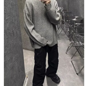 破坏感不规则针织衫男秋季潮牌慵懒风松弛感圆领毛衣LMY300-P50图片