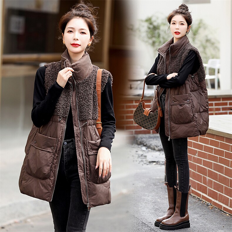 90绒。羊羔毛拼接立领中长款马甲，女装马甲，E百度