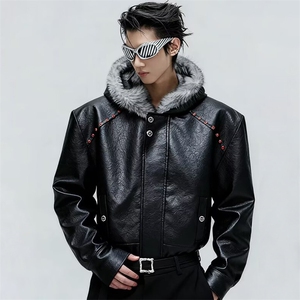 网图毛领连帽仿兔毛座山雕皮棉服短宽棉衣派克服A025-JY1284-P155图片