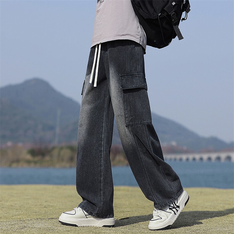 【现货】秋季新款美式复古工装口袋拼接宽松阔腿裤牛仔男816-P50,男装牛仔裤,星座1006