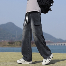 【现货】秋季新款美式复古工装口袋拼接宽松阔腿裤牛仔男816-P50，男装牛仔裤，星座1006