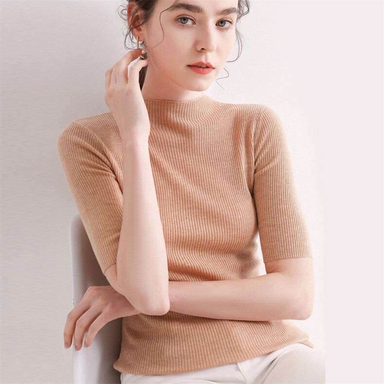 半高领五分袖针织衫女2025春夏季短款中袖修身打底上衣薄款线衣,女装羊毛衫,东远绒业