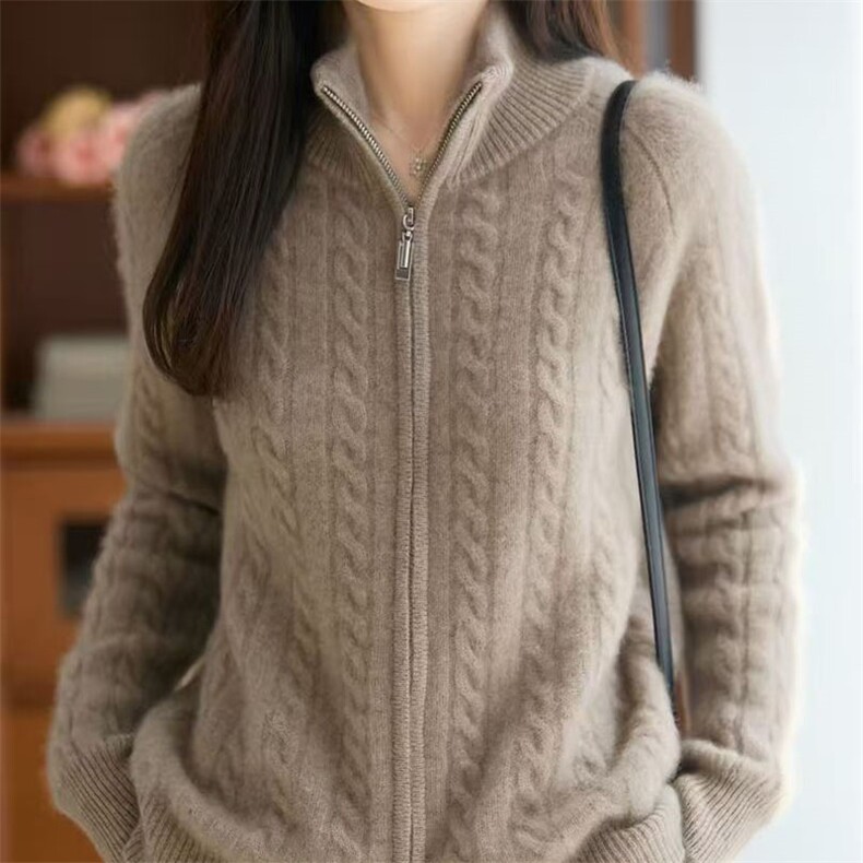 2026年秋季时尚百搭通勤简约扭花麻花拉链开衫，女装针织衫/毛衣，萱芳婷羊绒