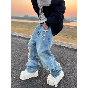 Q149/P47 破洞牛仔裤2025新款男女裤子宽松哈伦裤图片