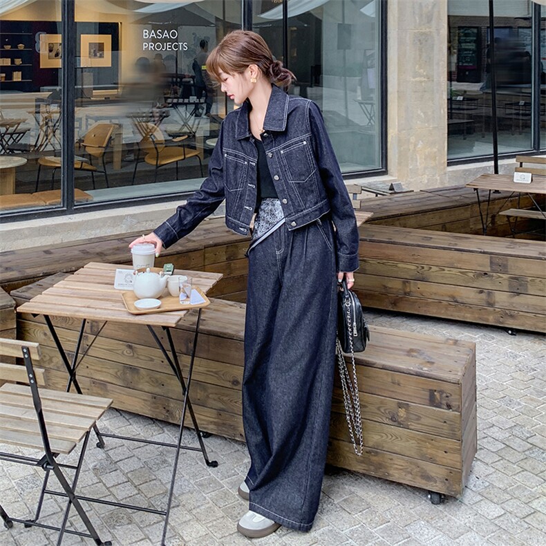 2026春装时尚牛仔阔腿裤两件套套装女配丝巾新款高端欧货洋气时髦，女装套装/套裙，印象茜