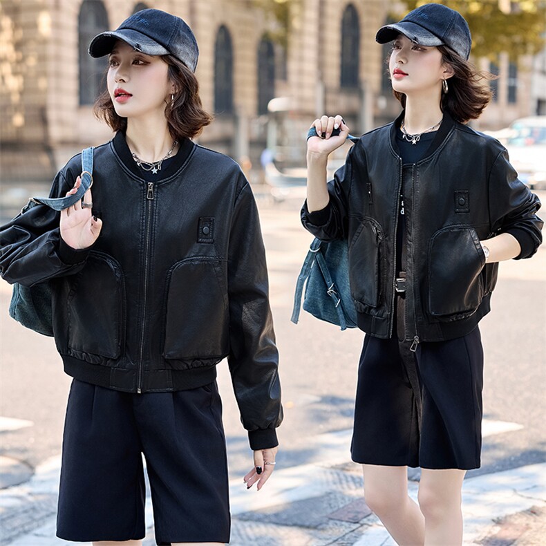 小个子皮衣外套女棒球服上衣春秋款时尚高级感港风复古显瘦皮夹克,女装皮衣,臻衣坊