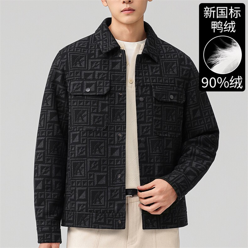 2025新标90%鸭绒男士翻领工装羽绒服字母暗纹设计防风保暖外套图片