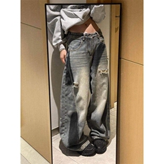 弯刀阔腿拼接解构破洞喷绘做旧牛仔裤男女宽松垂感裤LXK80944-p58，男装牛仔裤，星座1008