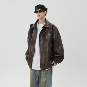 春季新款港风美式刺绣痞帅翻领皮衣夹克男 XZ213-JK6000-P70控98图片