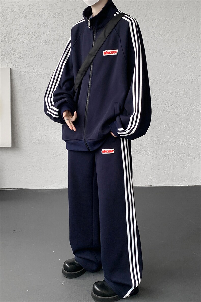 8XL-M条纹撞色开衫新年红卫衣运动套装潮牌运动服校园风TZ114P118,男装休闲套装,电商D206-1