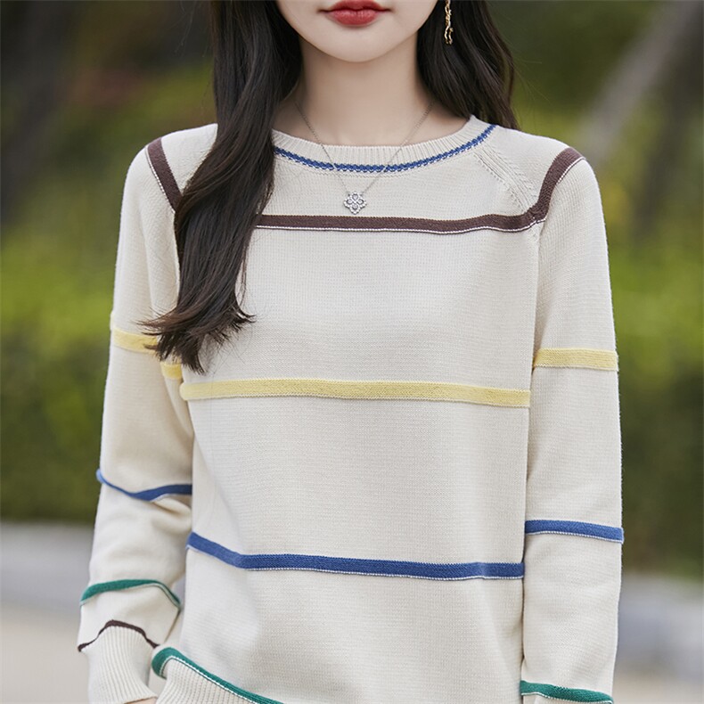七针加厚纯棉线针织打底衫女拼色条纹长袖保暖加厚毛衣宽松休闲新图片
