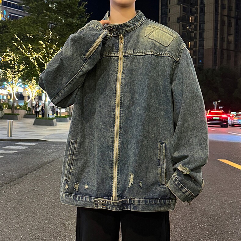 做旧水洗牛仔夹克外套春秋季潮牌设计感宽松休闲时尚百搭上衣,男装工装外套,星座410-7